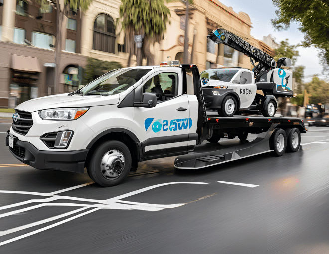 A sleek tow truck, equipped with advanced AI systems and automated features, efficiently navigates San Jose's busy streets, revolutionizing roadside assistance.
